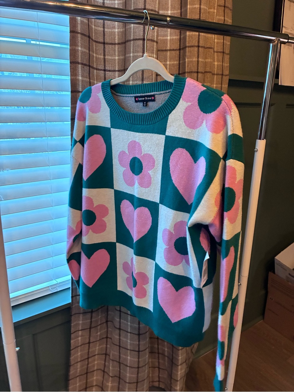 Kohl's Teal and Pink Checkerboard Heart & Flower Knit Sweater